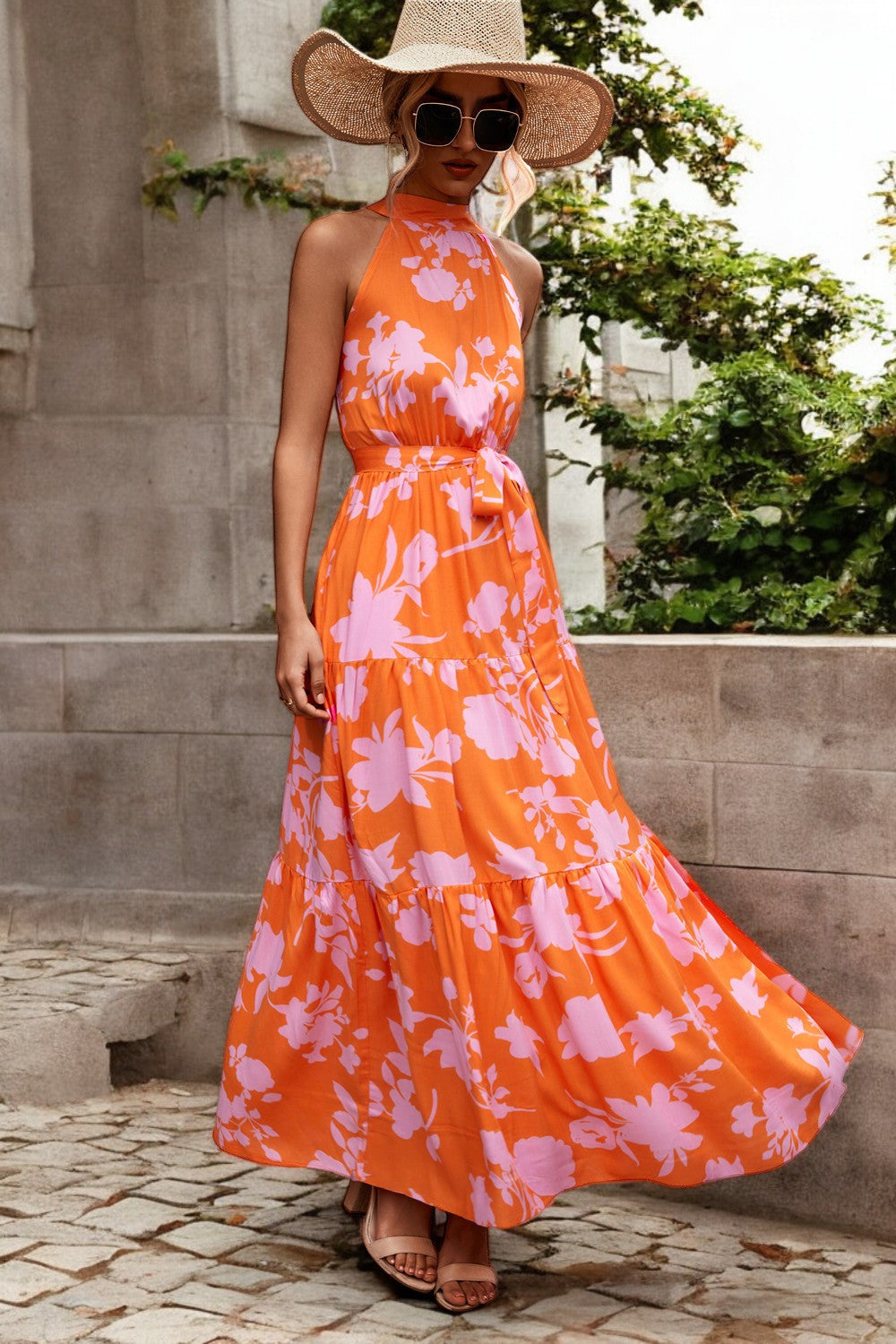 Damen Maxikleid mit Muster & Taillengürtel – Sommerkleid Lang & Luftig – Größe S–XL – Elegant & Bequem