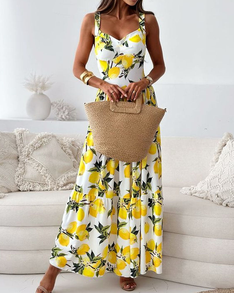 Damen Maxikleid Sommer – Zitronenmuster, Leicht & Luftig – Lange Kleider mit Breiten Trägern – Größe S–XL