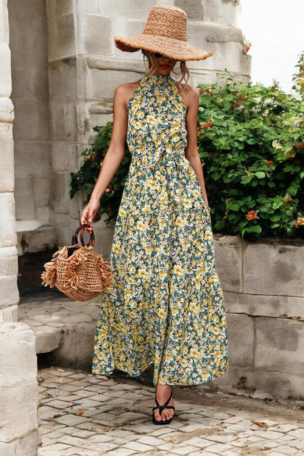 Damen Maxikleid mit Muster & Taillengürtel – Sommerkleid Lang & Luftig – Größe S–XL – Elegant & Bequem