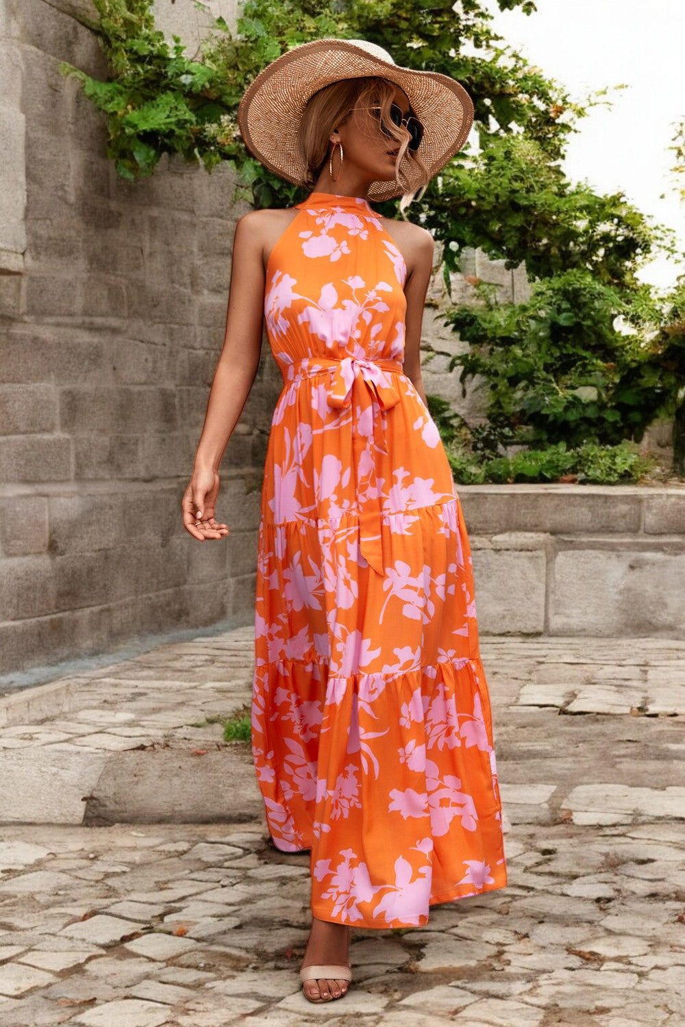 Damen Maxikleid mit Muster & Taillengürtel – Sommerkleid Lang & Luftig – Größe S–XL – Elegant & Bequem