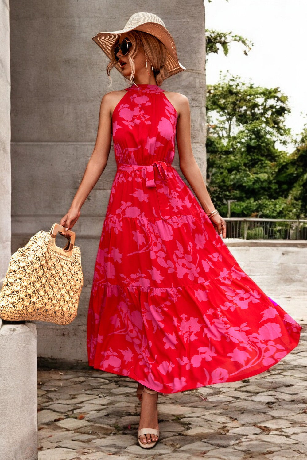 Damen Maxikleid mit Muster & Taillengürtel – Sommerkleid Lang & Luftig – Größe S–XL – Elegant & Bequem
