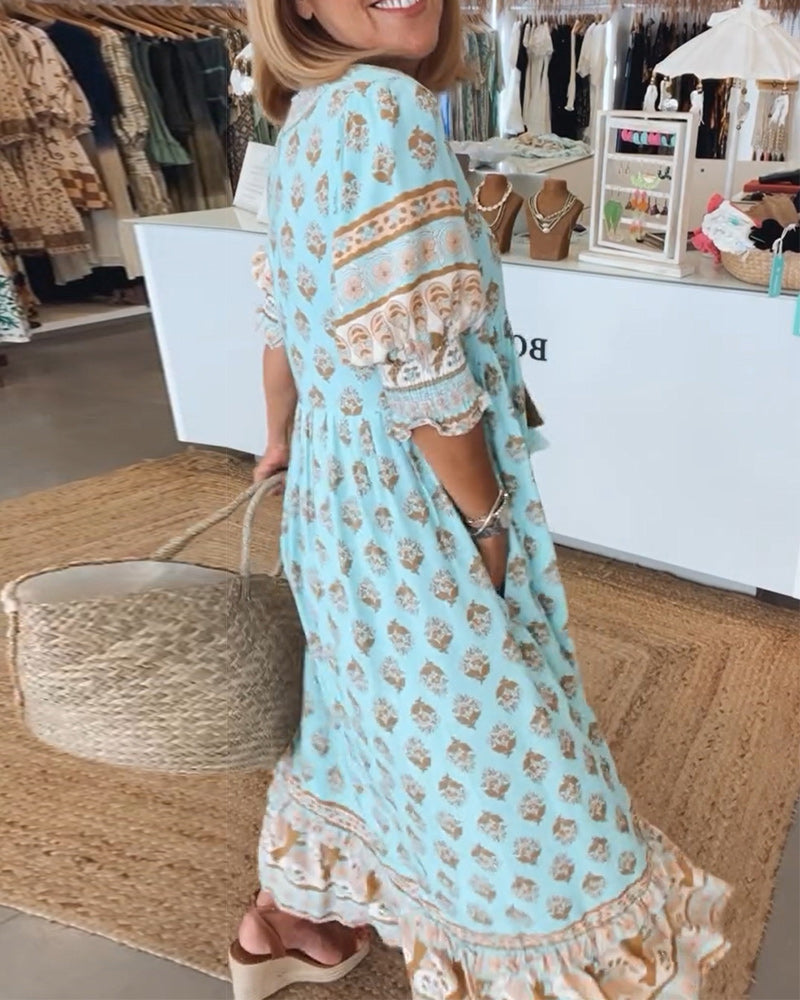 Boho Damen Sommerkleid mit V-Ausschnitt – Leinenlook, Leicht & Luftig – Größe S–3XL – Ideal für Urlaub & Alltag
