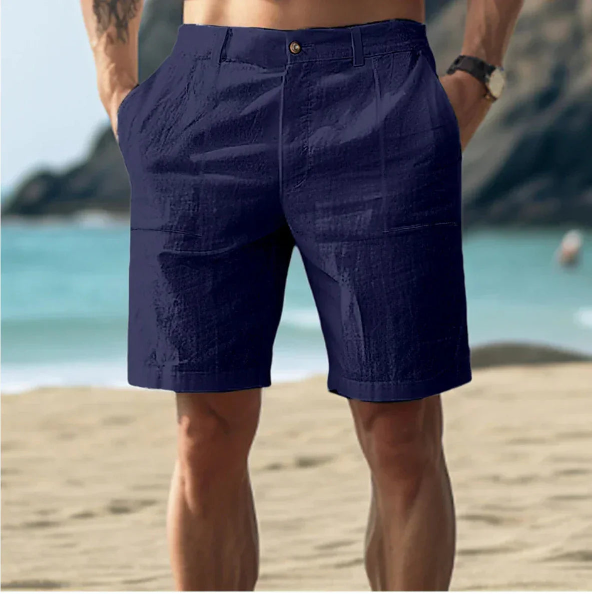 Herren Leinen Shorts - Lässig und Bequem - Für entspannte Sommertage - Atmungsaktiv Beige/Weiß/Grau/Dunkelblau - Größen S-XXL