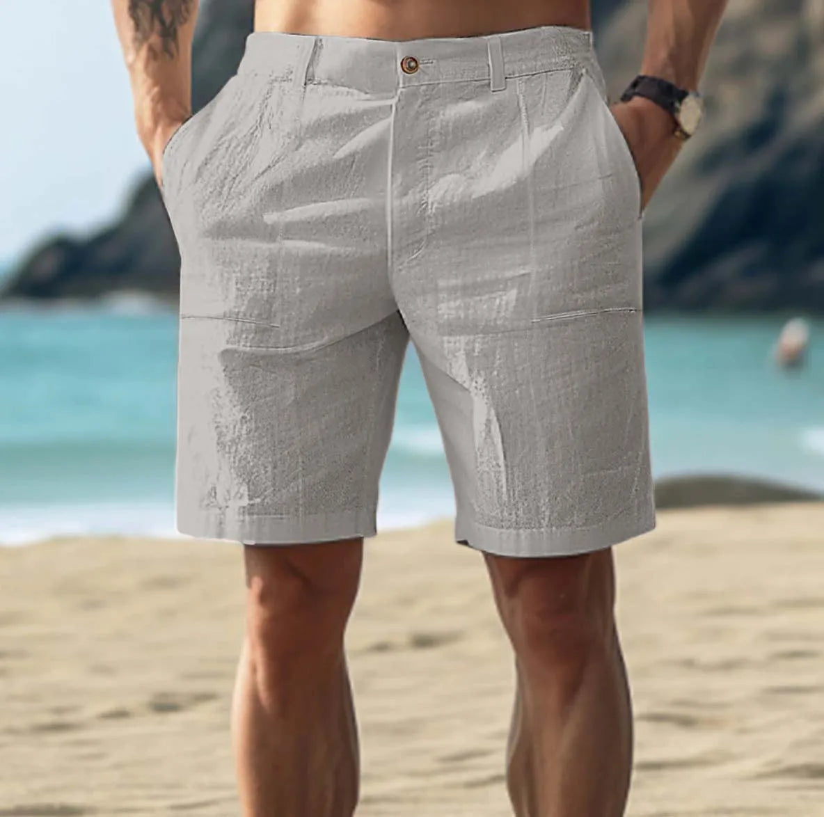 Herren Leinen Shorts - Lässig und Bequem - Für entspannte Sommertage - Atmungsaktiv Beige/Weiß/Grau/Dunkelblau - Größen S-XXL