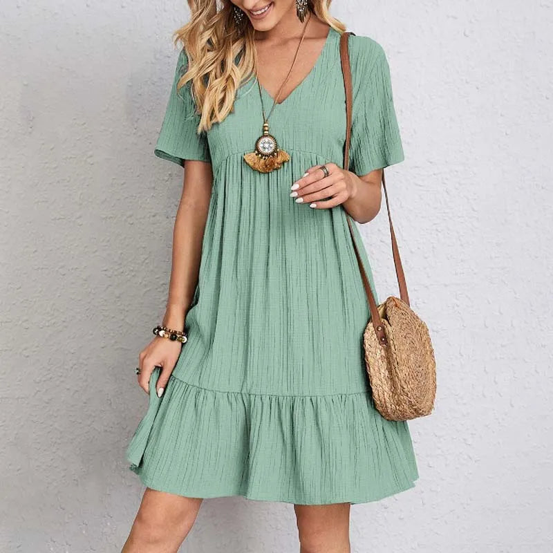 Damen Mini Sommerkleid mit V-Ausschnitt – Leichtes & Luftiges Kleid für Alltag & Urlaub – Größe S–3XL