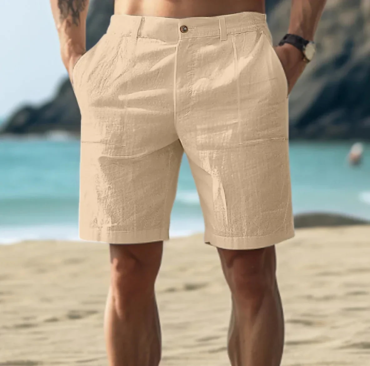 Herren Leinen Shorts - Lässig und Bequem - Für entspannte Sommertage - Atmungsaktiv Beige/Weiß/Grau/Dunkelblau - Größen S-XXL