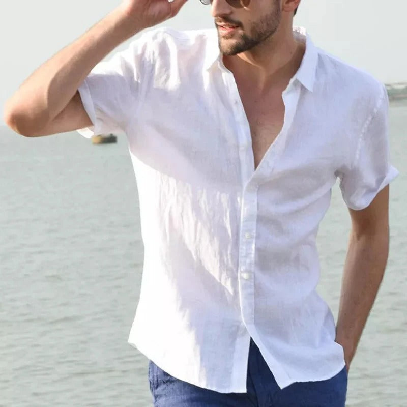 Herren Leinenhemd Sommer – Atmungsaktiv & Leicht – Kurzarm Hemd aus 100 % Leinen – Weiß/Beige – Größe S–XXL