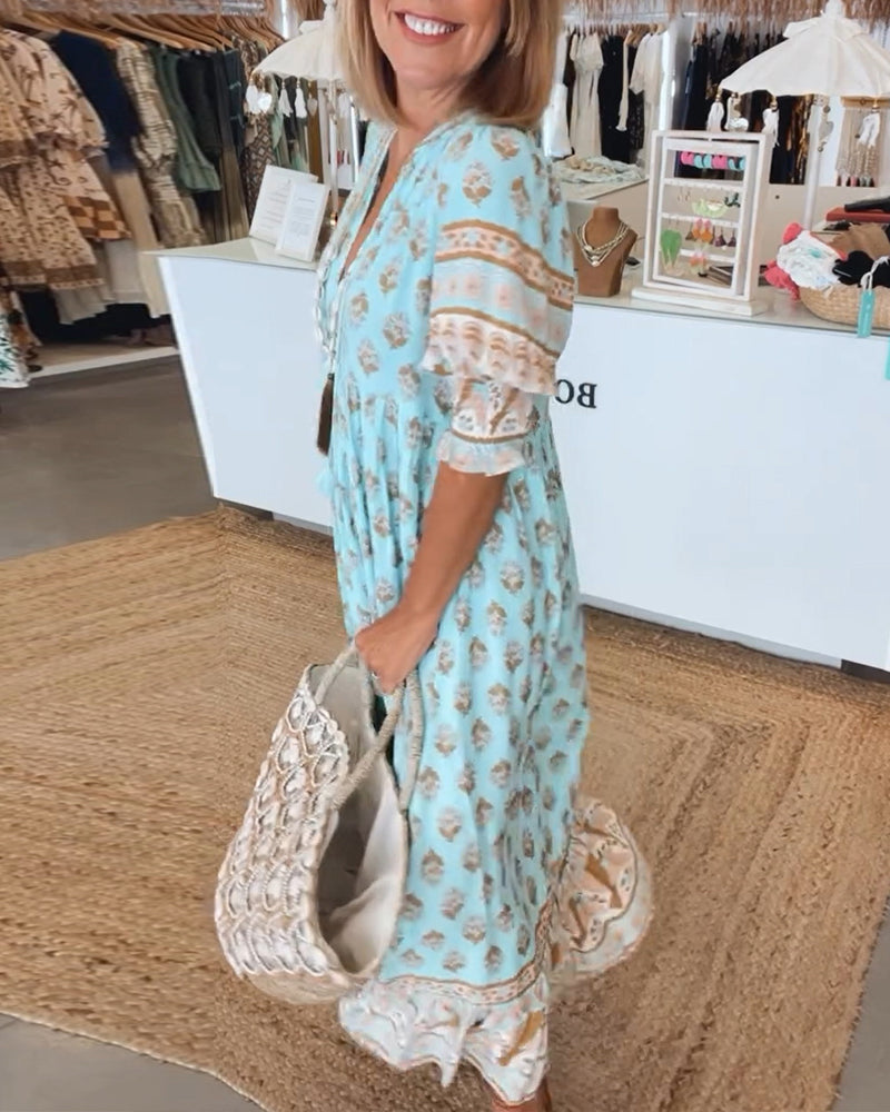 Boho Damen Sommerkleid mit V-Ausschnitt – Leinenlook, Leicht & Luftig – Größe S–3XL – Ideal für Urlaub & Alltag