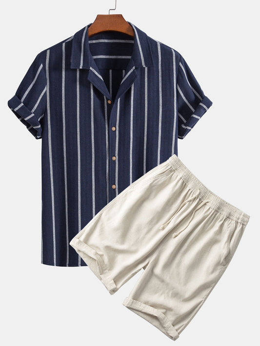Gestreiftes Herren Kurzarmhemd & Shorts Set – Zweiteilig, Leicht & Stylisch – Sommerlook für Freizeit & Urlaub – Größe S–XXL
