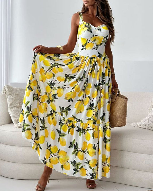 Damen Maxikleid Sommer – Zitronenmuster, Leicht & Luftig – Lange Kleider mit Breiten Trägern – Größe S–XL