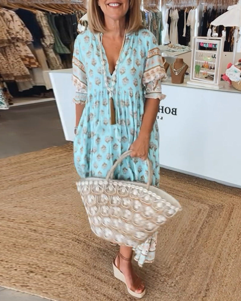 Boho Damen Sommerkleid mit V-Ausschnitt – Leinenlook, Leicht & Luftig – Größe S–3XL – Ideal für Urlaub & Alltag