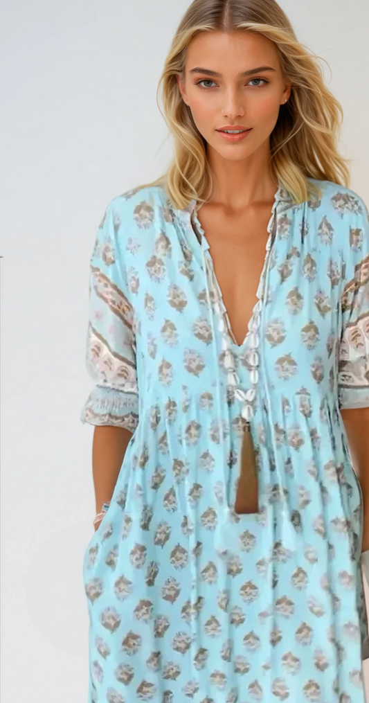 Boho Damen Sommerkleid mit V-Ausschnitt – Leinenlook, Leicht & Luftig – Größe S–3XL – Ideal für Urlaub & Alltag