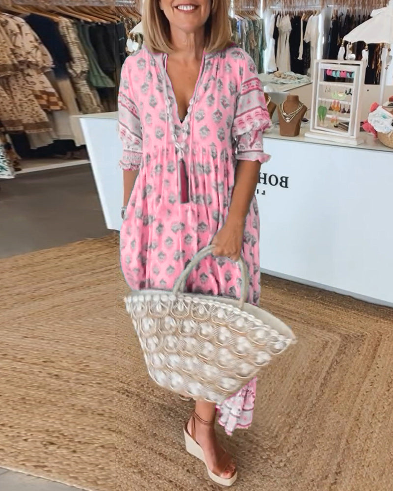 Boho Damen Sommerkleid mit V-Ausschnitt – Leinenlook, Leicht & Luftig – Größe S–3XL – Ideal für Urlaub & Alltag