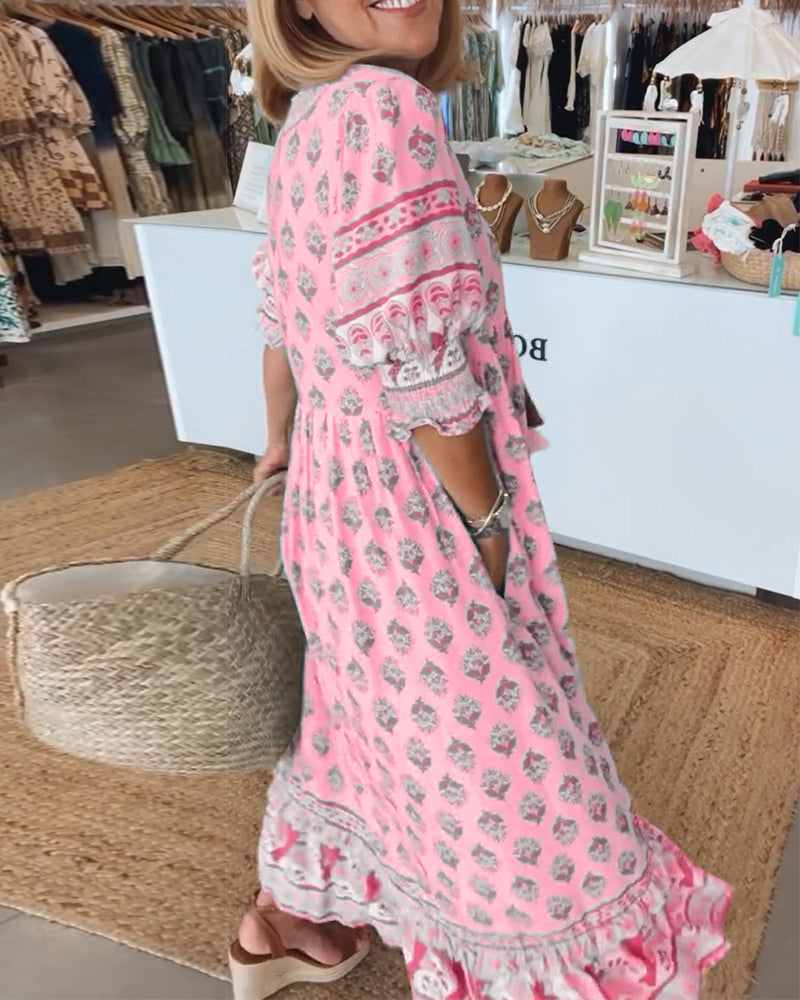 Boho Damen Sommerkleid mit V-Ausschnitt – Leinenlook, Leicht & Luftig – Größe S–3XL – Ideal für Urlaub & Alltag