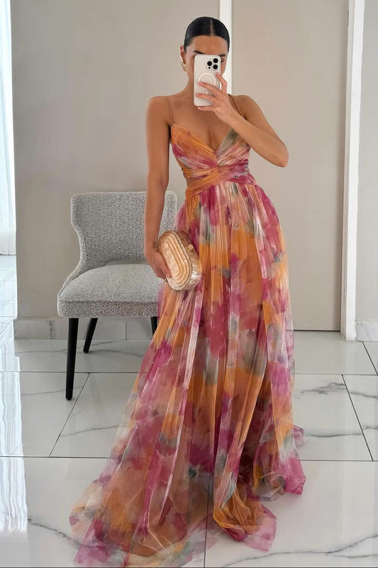 Damenkleid Sommerkleid Imogen – Maxi Lang, Luftig – Orange/Grün – Größe S bis XL – Für Urlaub, Alltag & Hochzeit