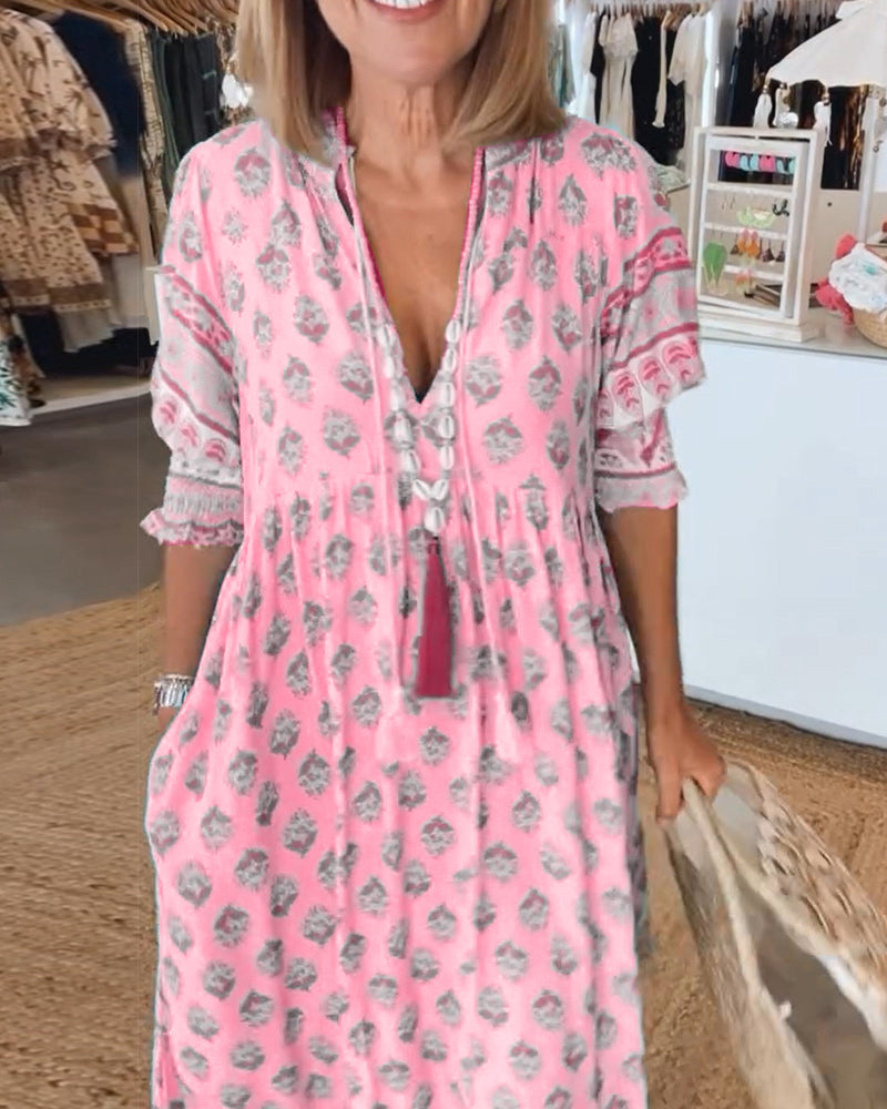 Boho Damen Sommerkleid mit V-Ausschnitt – Leinenlook, Leicht & Luftig – Größe S–3XL – Ideal für Urlaub & Alltag