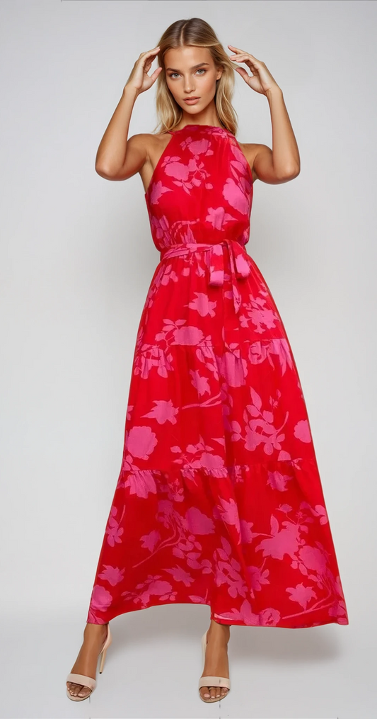 Damen Maxikleid mit Muster & Taillengürtel – Sommerkleid Lang & Luftig – Größe S–XL – Elegant & Bequem