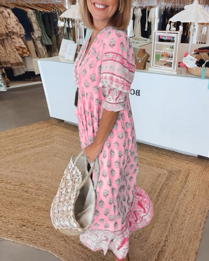 Boho Damen Sommerkleid mit V-Ausschnitt – Leinenlook, Leicht & Luftig – Größe S–3XL – Ideal für Urlaub & Alltag