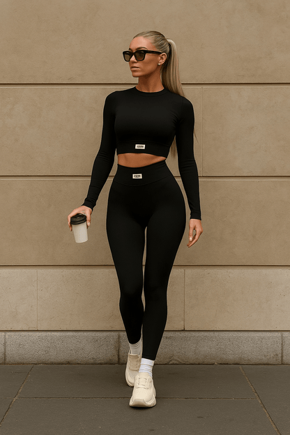 Zweiteiliges Damen Sport- & Yoga-Set – Schwarz, Polyester – Atmungsaktiv & Bequem, Größe S–XL