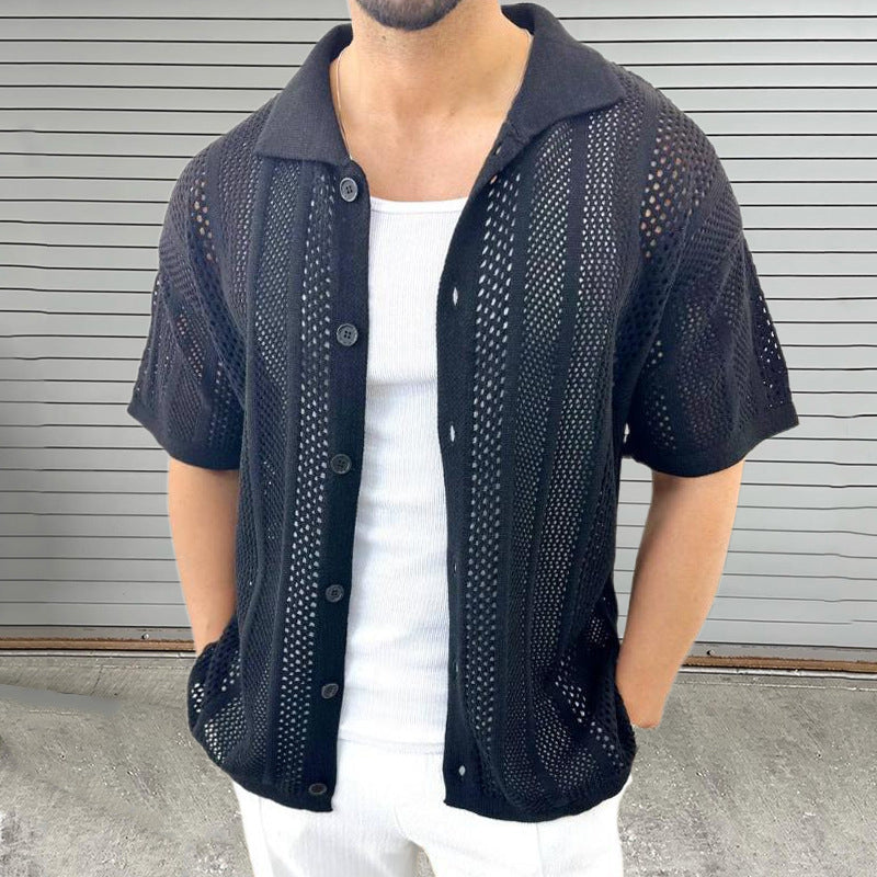 Herren Sommerhemd – Hollow-Out Mesh Design & Kurzarm – Atmungsaktiv & Lässig – Grau – Größe S–XL