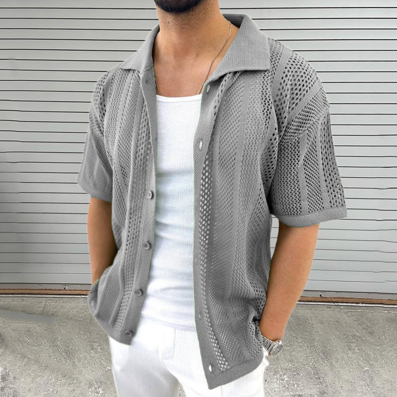 Herren Sommerhemd – Hollow-Out Mesh Design & Kurzarm – Atmungsaktiv & Lässig – Grau – Größe S–XL