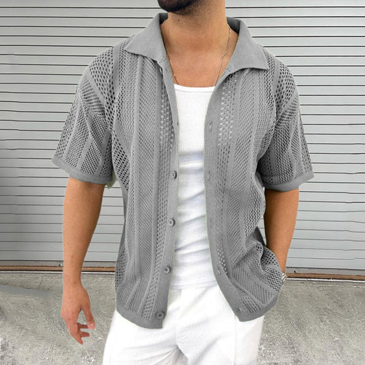 Herren Sommerhemd – Hollow-Out Mesh Design & Kurzarm – Atmungsaktiv & Lässig – Grau – Größe S–XL