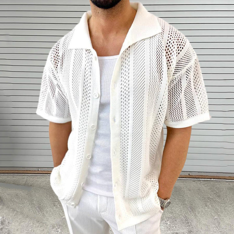 Herren Sommerhemd – Hollow-Out Mesh Design & Kurzarm – Atmungsaktiv & Lässig – Grau – Größe S–XL