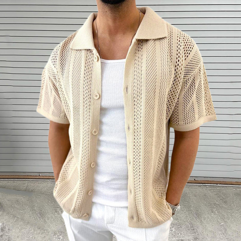Herren Sommerhemd – Hollow-Out Mesh Design & Kurzarm – Atmungsaktiv & Lässig – Grau – Größe S–XL
