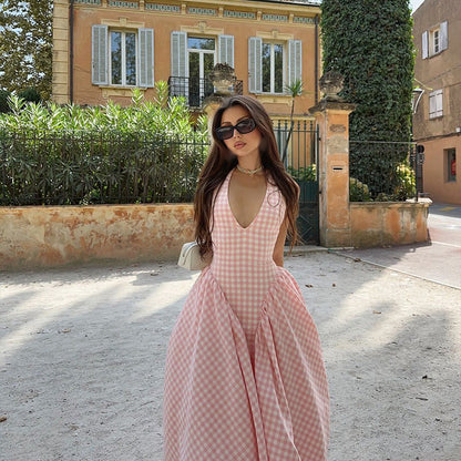 Luftiges Sommerkleid Damen – Rosa Weiß Kariert – Elegant – Ärmellos – V-Ausschnitt – Midi