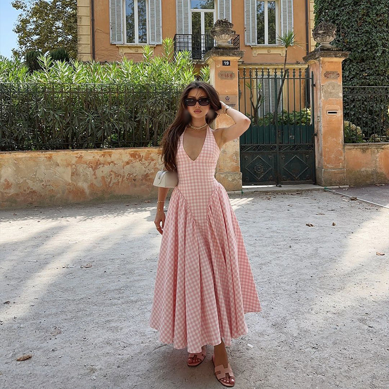 Luftiges Sommerkleid Damen – Rosa Weiß Kariert – Elegant – Ärmellos – V-Ausschnitt – Midi