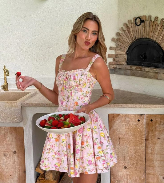 Damenkleid Sommerkleid Mini – Blumenmuster Korsett-Stil – Pink – Größe S bis XL – Elegant & Figurbetont